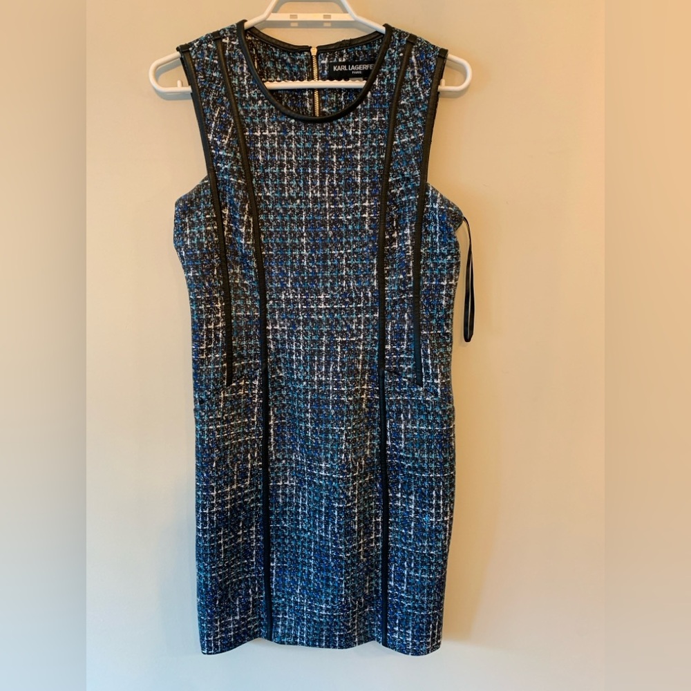 Karl Lagerfeld Black and Blue Tweed Look Shift Dress